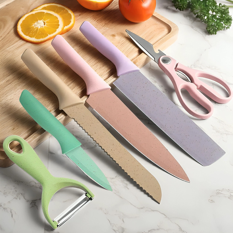 Kit 6 Peças Conjunto De Faca Coloridas Carne Legumes Descascador Tesoura Profissional