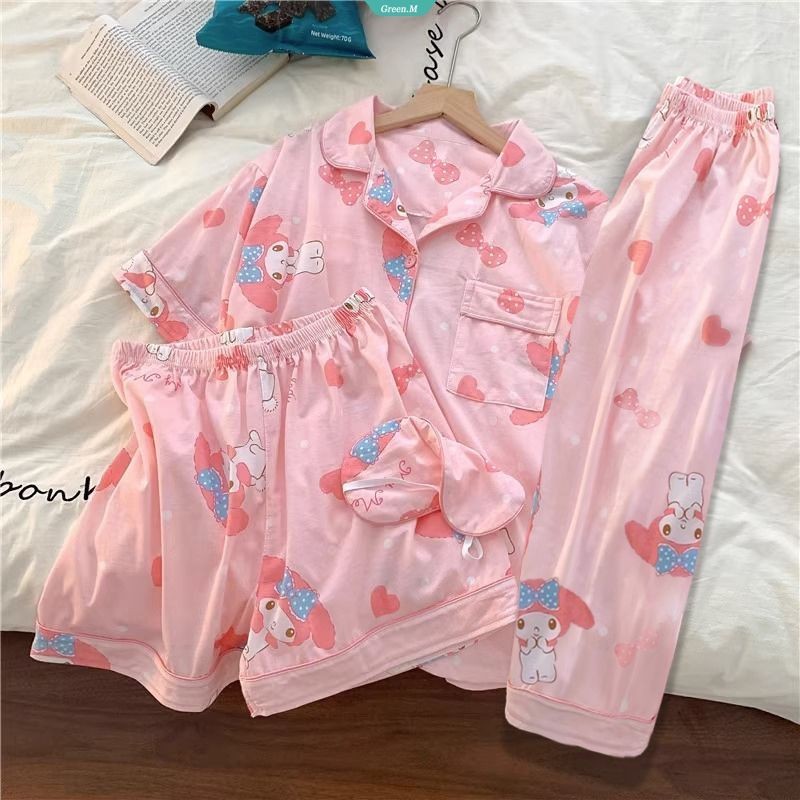 Desenho Animado Japonês Fofo Rosa Minha Melodia Calções De Manga Curta Calças Compridas Pijamas Ladies Summer New Dormitório Conjunto De Três Peças [GM]