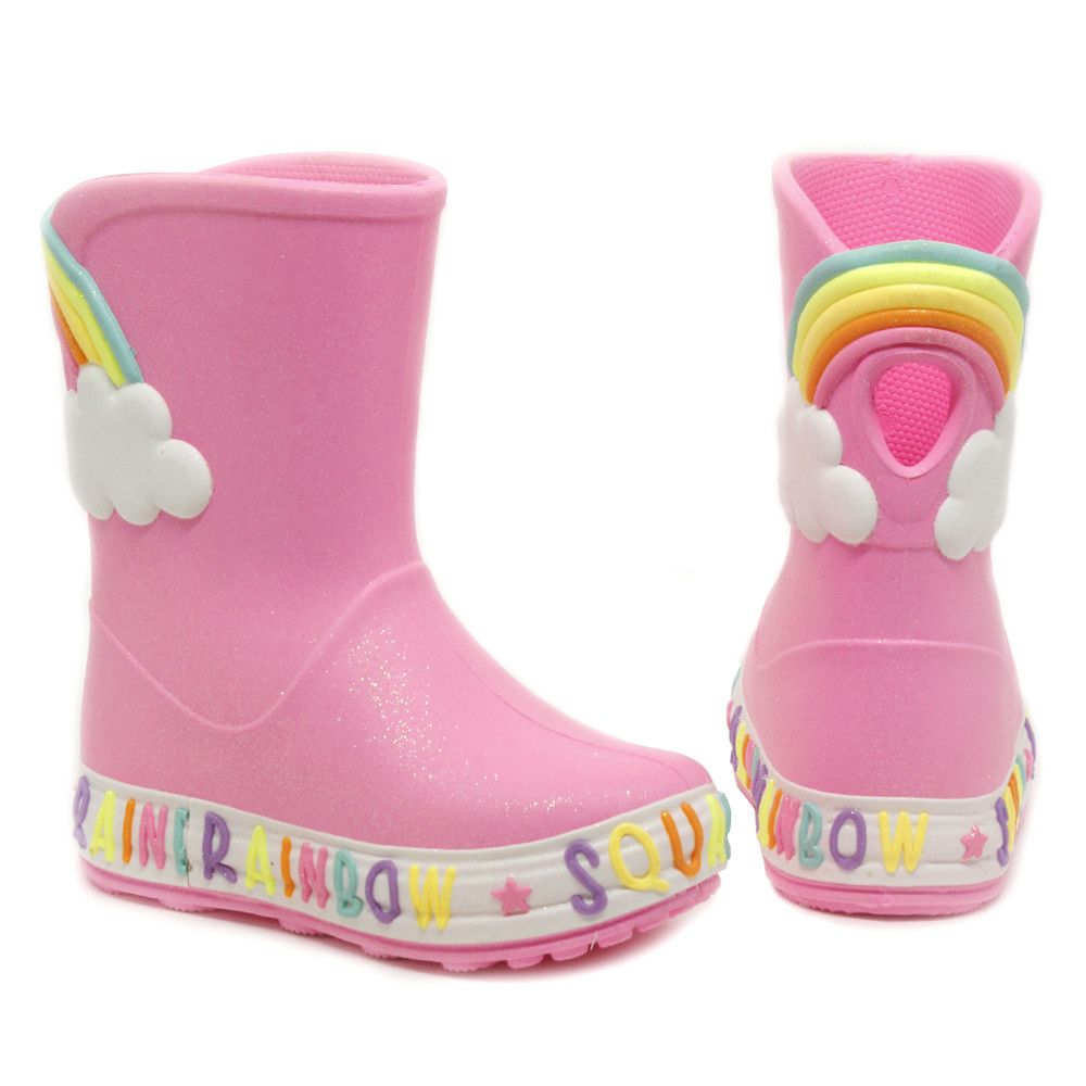 Bota Galocha  Infantil Plugt  Meninas Rainbow Nuvem Arco Iris Glitter Rosa Chiclete