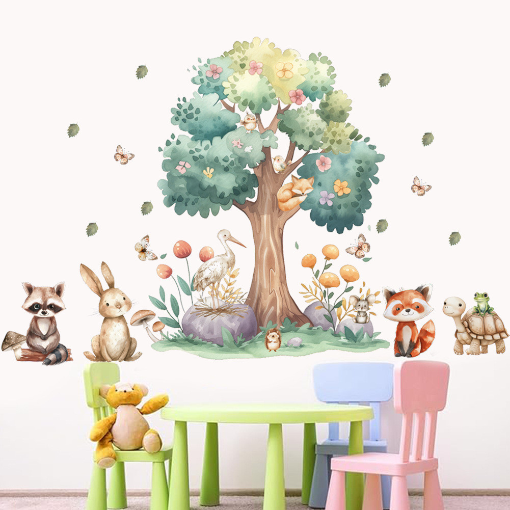 Autocolantes de Parede Autocolantes de Parede Animal Florestal Big Tree Wall Stickers Bunny Raccoon Quarto de Crianças Quarto de Jardim de Infância Papel de Parede Autocolante