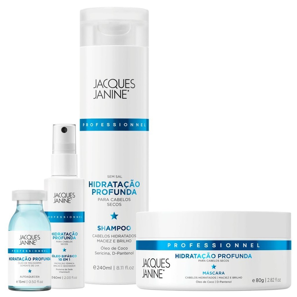 Kit Jacques Janine Hidratação Profunda Shampoo 240ml Máscara 80g Spray 60ml Ampola 15ml