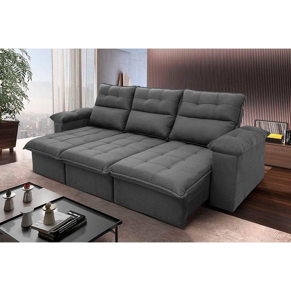 Sofá Retrátil Reclinável Verona 2,30m Suede Velut Cinza  Molas no Assento - King House em Oferta na Shopee