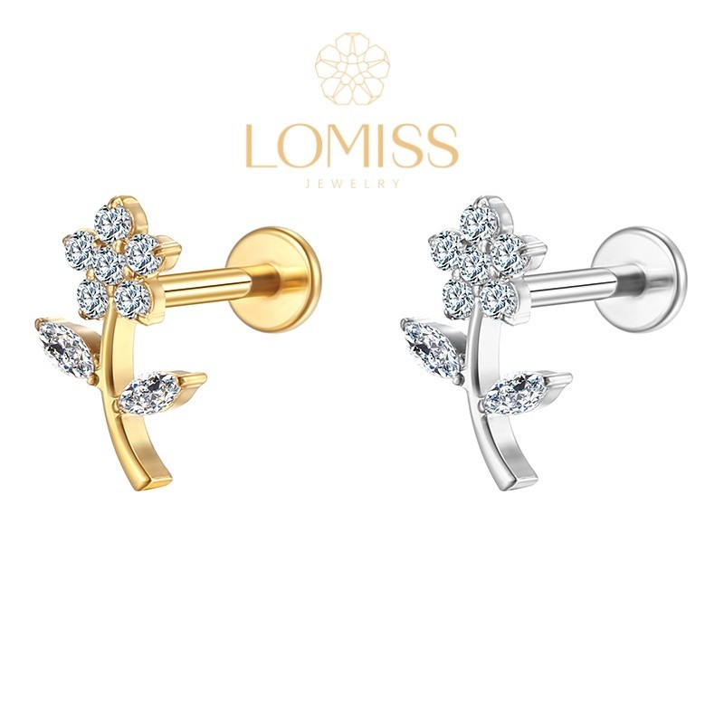 【LOMISS】Brinco Piercing Orelha Labret Aço Cirúrgico PVD Flor Zircônia Piercing Tragus Aço Inoxidável