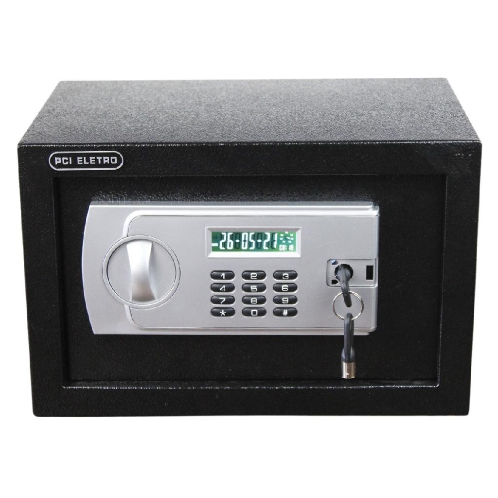 Cofre Display Eletrônico Com Chave Senha Preto 20mm 4kg 8 Litros Digital Pci Cofres