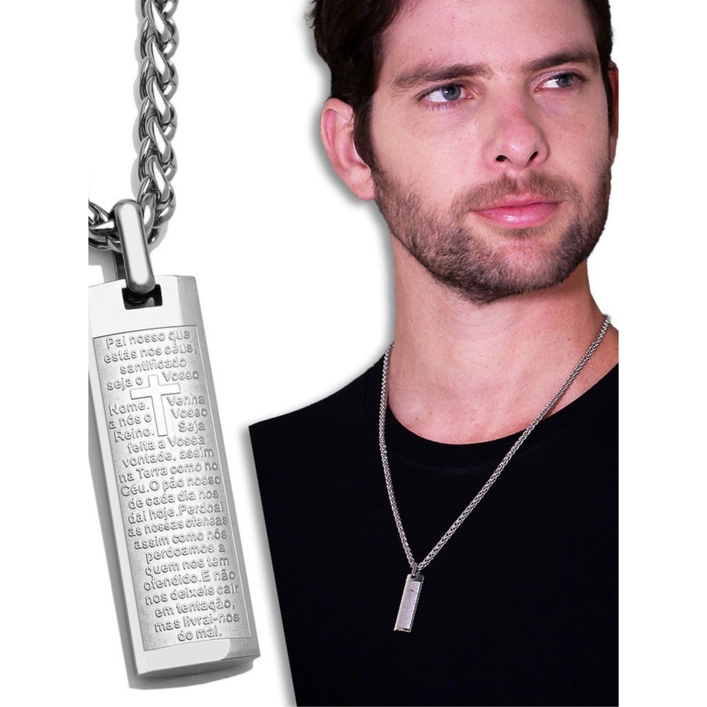 MODA Corrente de Cordão Unissex com Pingente em Colar Aço Inox com Oração PAI NOSSO em Oferta na Shopee