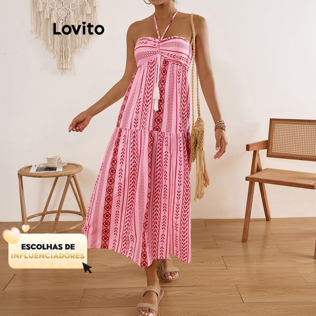 (KOL‘s pick) Lovito Vestido Boho Tribal com Estampa de Borlas para Mulheres LBL17610