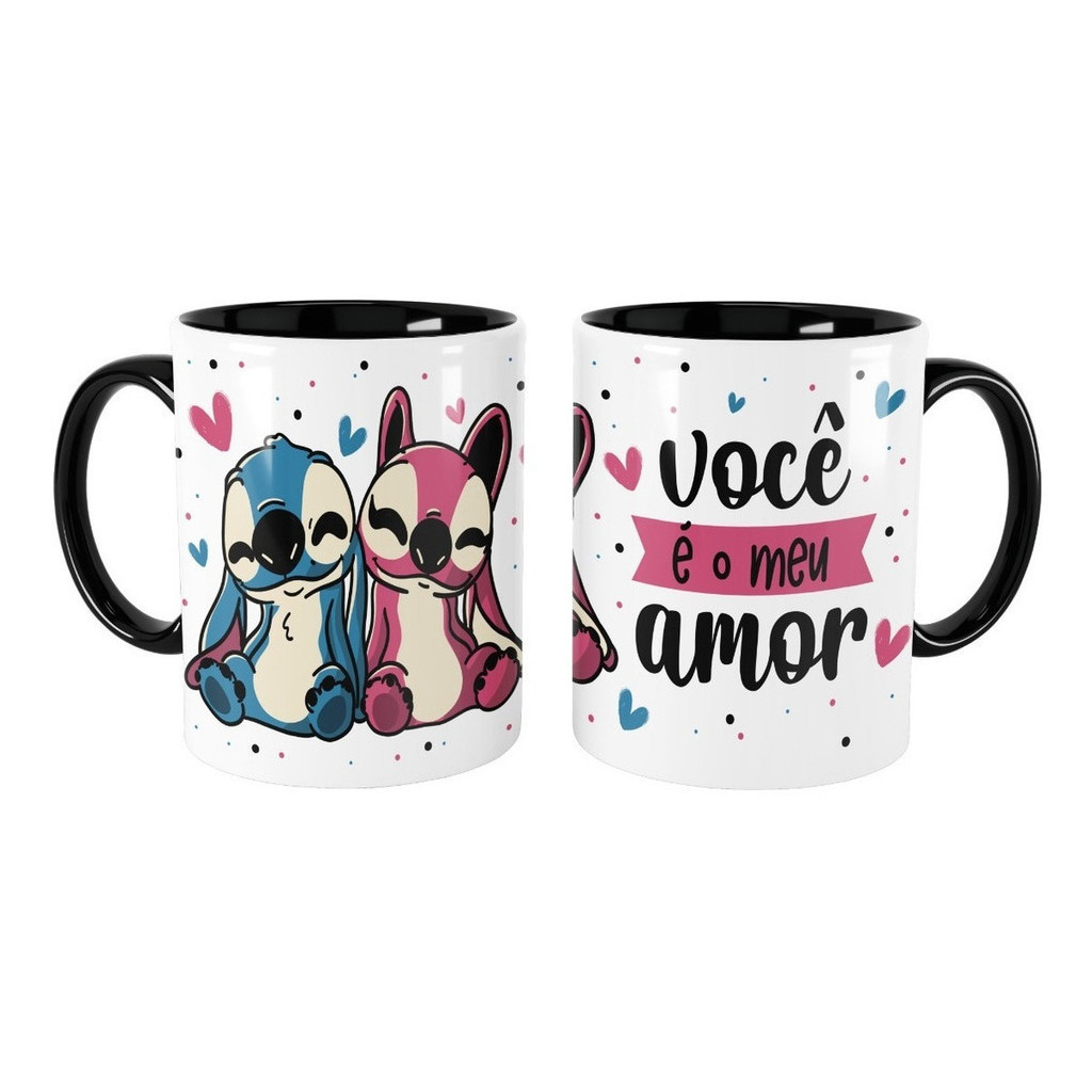 Caneca Stitch E Angel, Xicara Você É O Meu Amor Preta