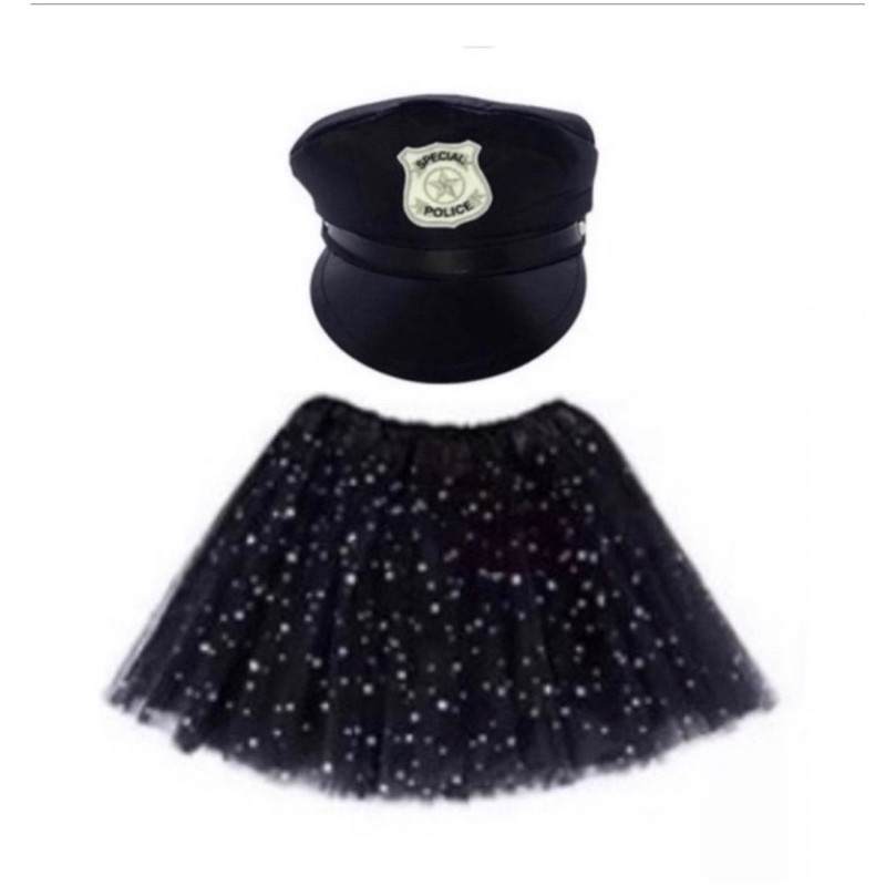 Fantasia Feminina Policial Carnaval Chapéu Quepe + Saia Preta Tule