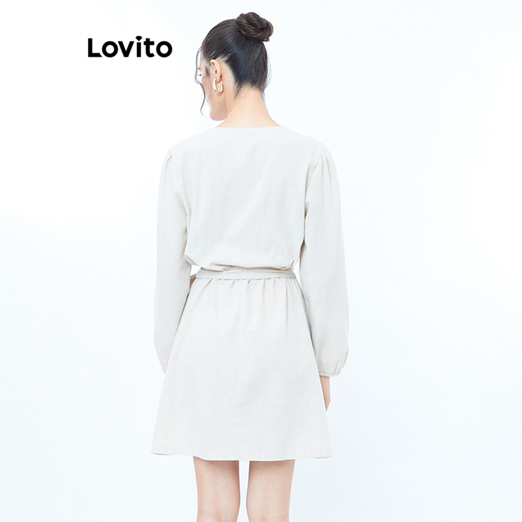 Detalhes do Lovito x Glenda Vestido Linho Curto Manga Longa Transpassado com Decote V Feminino  LB253BRL282