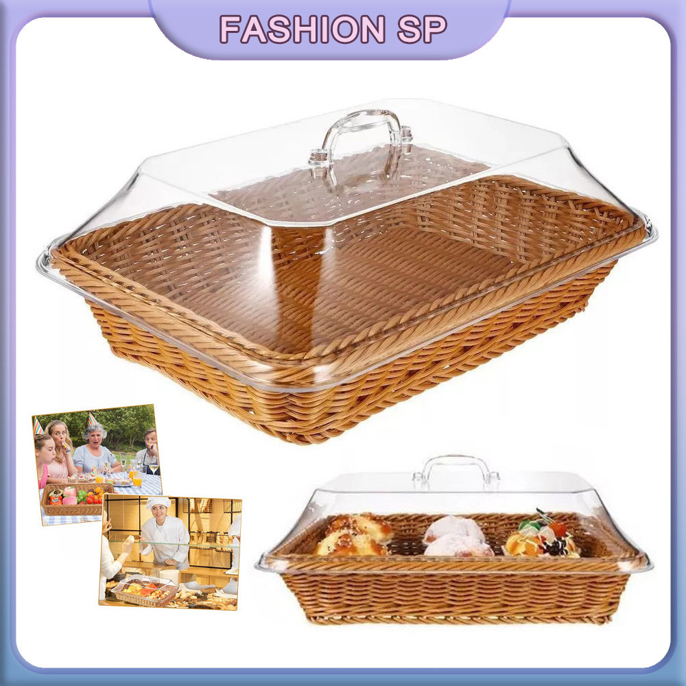 Cesta De Frutas De Pão Acrílico Rattan Com Tampa Mesa De Jantar À Prova De Insetos Pastelaria Armazenamento De Alimentos em Oferta na Shopee