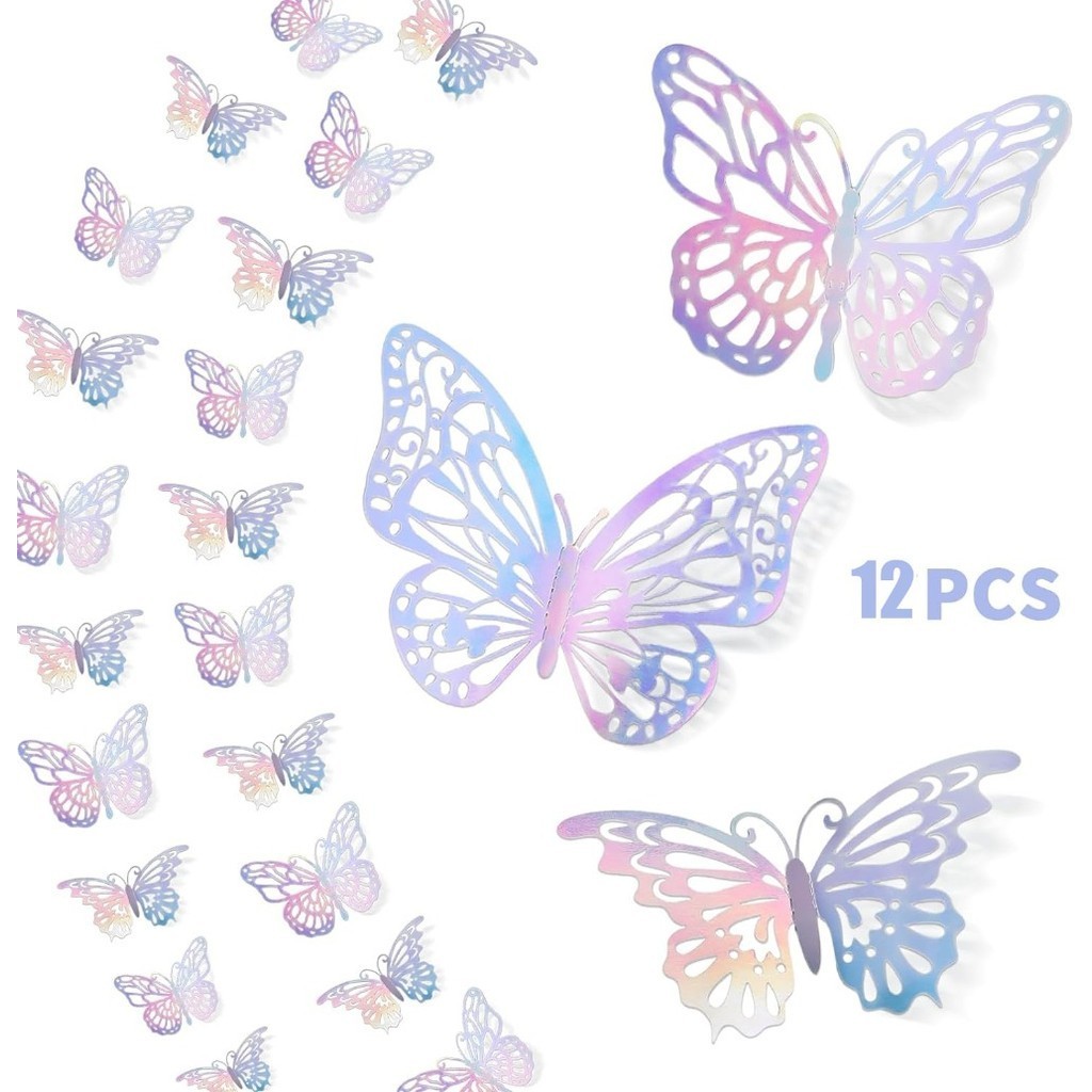 12pçs 3D Laser Colorido Prata Borboleta Parede Decoração Metálica Adesivos Mural , Removível Decorações Para Quarto , Festa , Aniversário , Casamento , Bolos , Presente Faça Você Mesmo