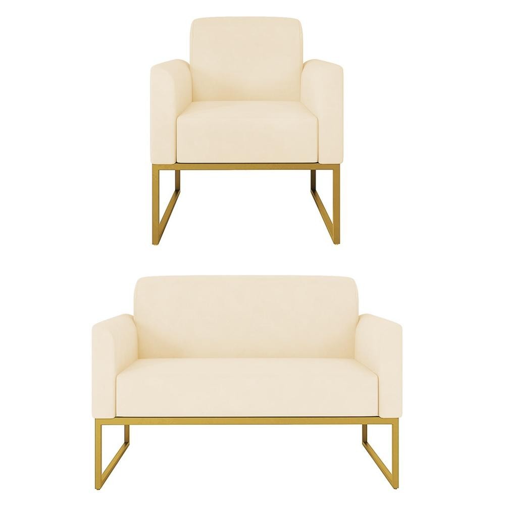 Kit Namoradeira e 1 Poltrona Decorativa Base Industrial Dourada Maressa S03 Suede Bege - Ibiza em Oferta na Shopee