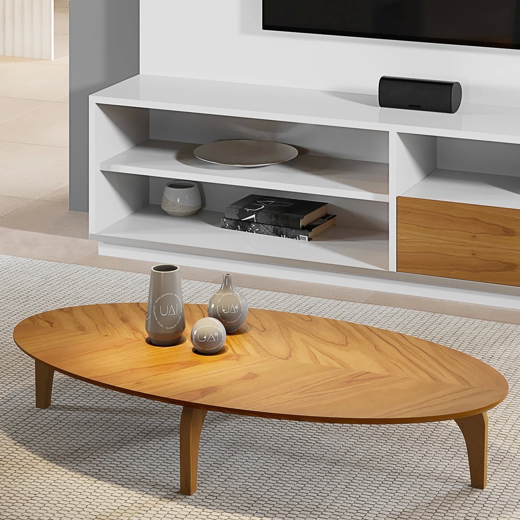 Mesa de Centro Oval Orgânico em MDF Pés Madeira Maciça Laminada 100x45cm Canada Madeira Mel
