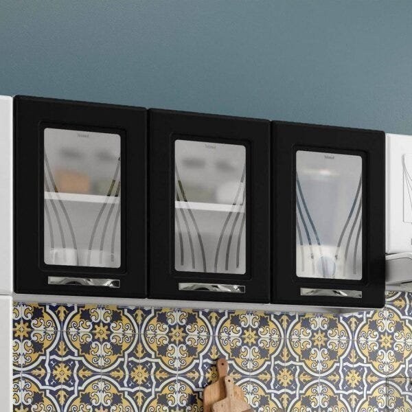 Armário Aéreo 3 Portas com Vidro Médio Star New  Branco/Preto - Home & Living