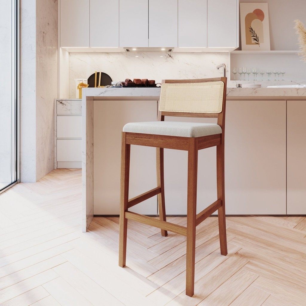 Banqueta com Encosto e Apoio para Pés Tiê CabeCasa MadeiraOriginals Amêndoa/Linho Off White em Oferta na Shopee