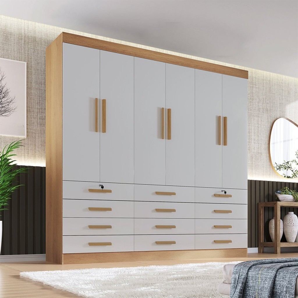 Guarda Roupa Casal MDF 6 Portas 12 Gavetas Marselha Plus Cinamomo/Off White - Home & Living