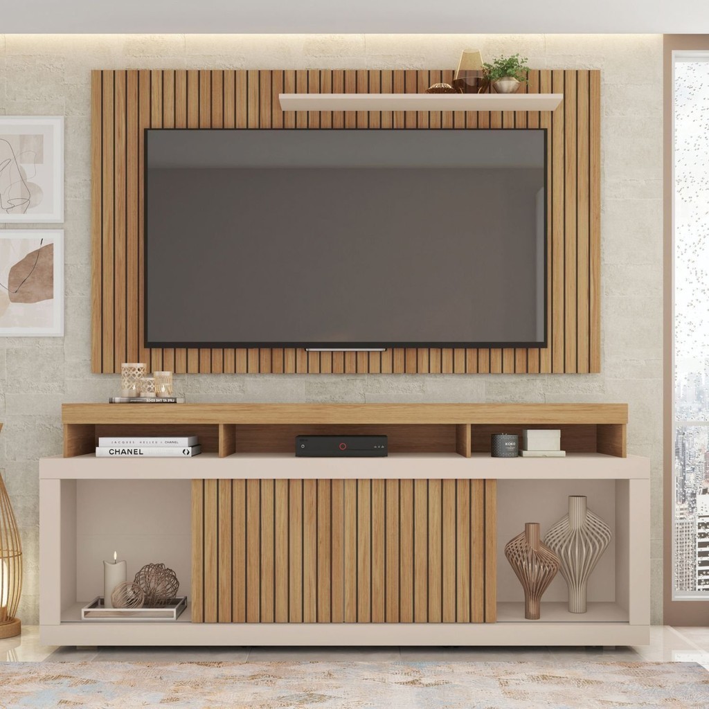 Rack com Painel para TV Até 65 Polegadas com Ripado Esmeralda  Buriti/Off White - Home & Living