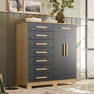 Cômoda 8 Gavetas 2 Portas com Cabideiro Verona Nature/Titanium em Oferta na Shopee