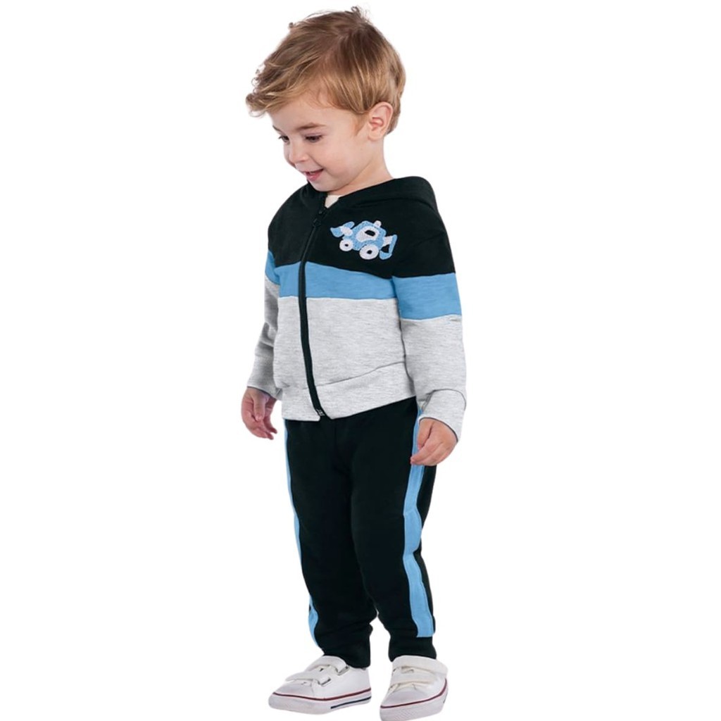 Conjunto Bebê Menino -Moletom Peluciado com Ziper e Capuz- Cor Azul/Preto - KYLY