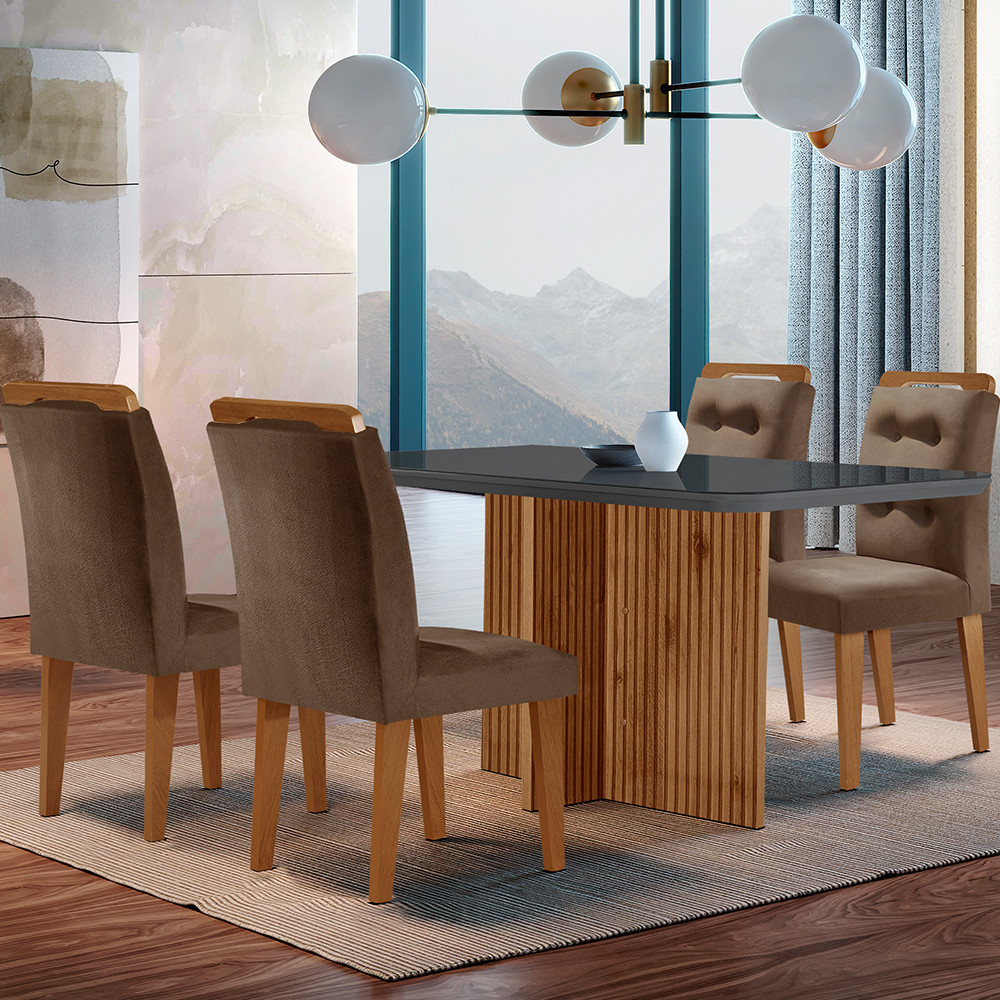 Sala de Jantar Mesa Olimpia 120CM MDF Vidro Canto Copo com 4 Cadeiras Carol Moderna em Oferta na Shopee