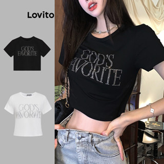 Lovito Camiseta Y2K com Letras em Strass para Mulheres LNA17167 (Preto)