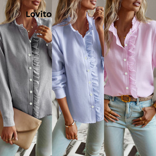Lovito Blusa Feminina Casual Listrada Com Acabamento Em Alface E Botão Frontal LNL50139