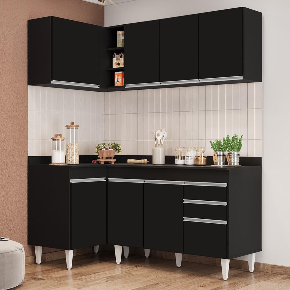 Armário de Cozinha Modulado de Canto Direito 4 Peças CP38 Balcão com Tampo Preto - Lumil - Home & Living