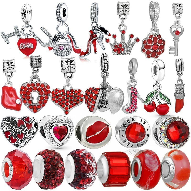 925 Silver Red Charm Beads de Prata Vermelho Charm Beads DIY Exquisite Ladies Bracelet Loose Beads Bracelet Acessórios de Pulseira