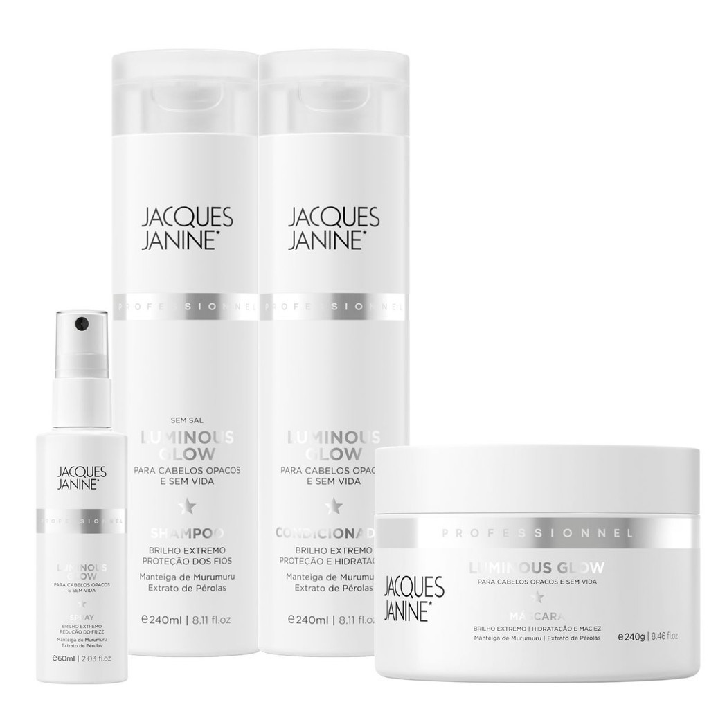 Kit Jacques Janine Luminous Glow Shampoo Condicionador 240ml Máscara 240g Spray Finalizador 60ml em Oferta na Shopee