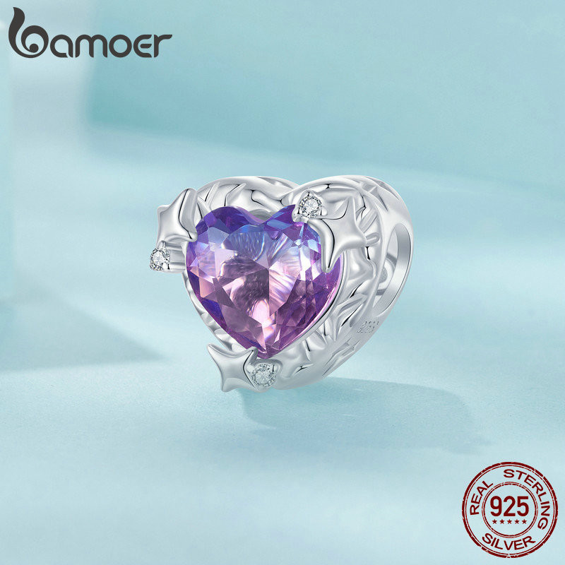 Bamoer 925 Sterling Sliver Charme Gradiente De Fita Coração Rosa-Púrpura Acessórios Para Pulseira - Fashion Accessories