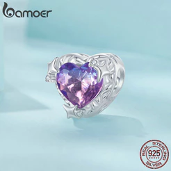 Bamoer 925 Sterling Sliver Charme Gradiente De Fita Coração Rosa-Púrpura Acessórios Para Pulseira