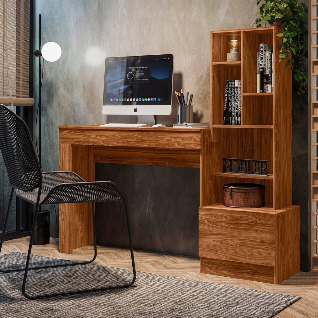 Escrivaninha Mesa Escritório com Estante 1 Gaveta 149cm Lion Cinamomo Mel