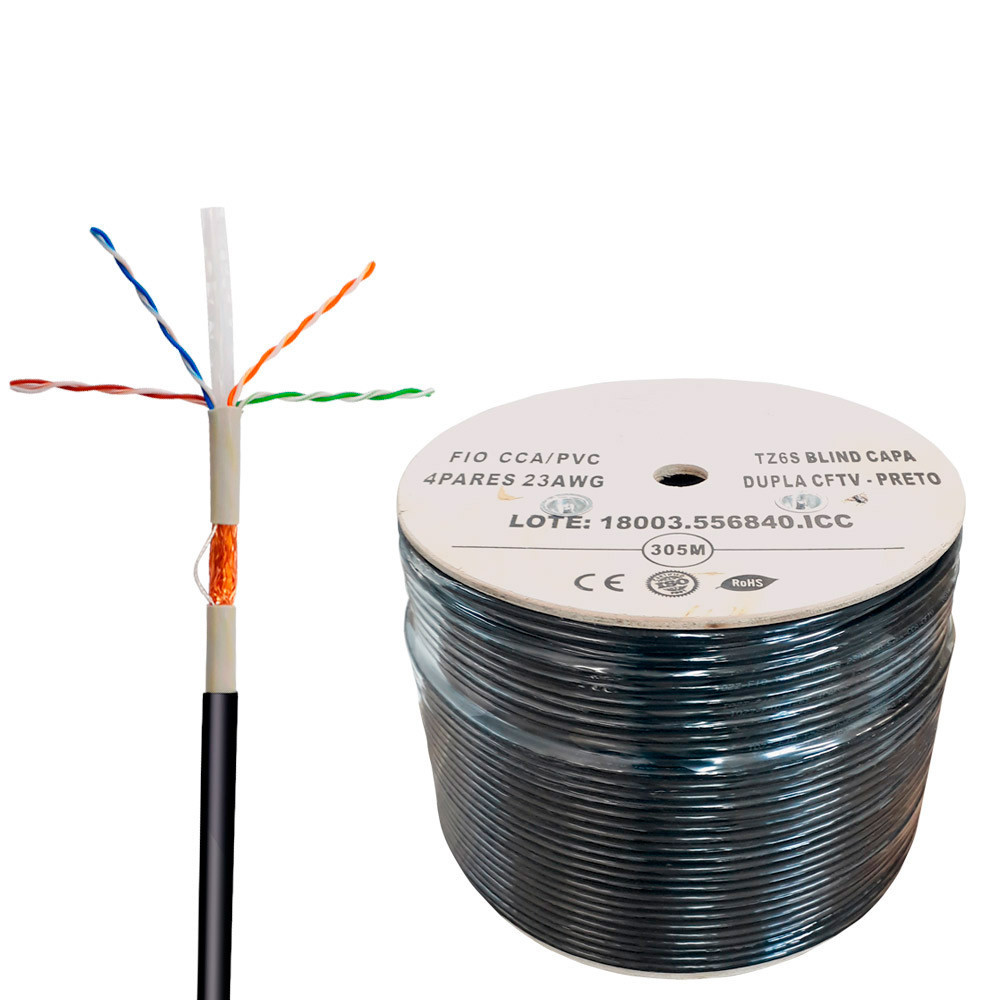 Cabo De Rede Cat6 Dupla Capa Externo 305 Metros Blindado Tozz Interno Externo Internet CFTV