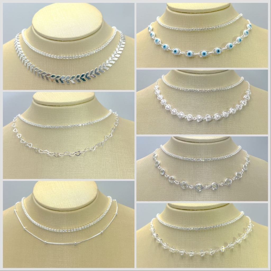 KIT 2 Choker Colar de bola Tifanny delicado + Colar Com Cristal  banhado a prata 925 em Oferta na Shopee