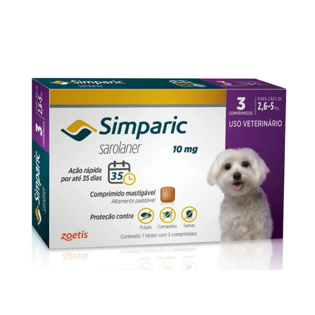Antipulgas Simparic 10mg - Cães De 2,6 A 5kg - 3 Comprimido em Oferta na Shopee