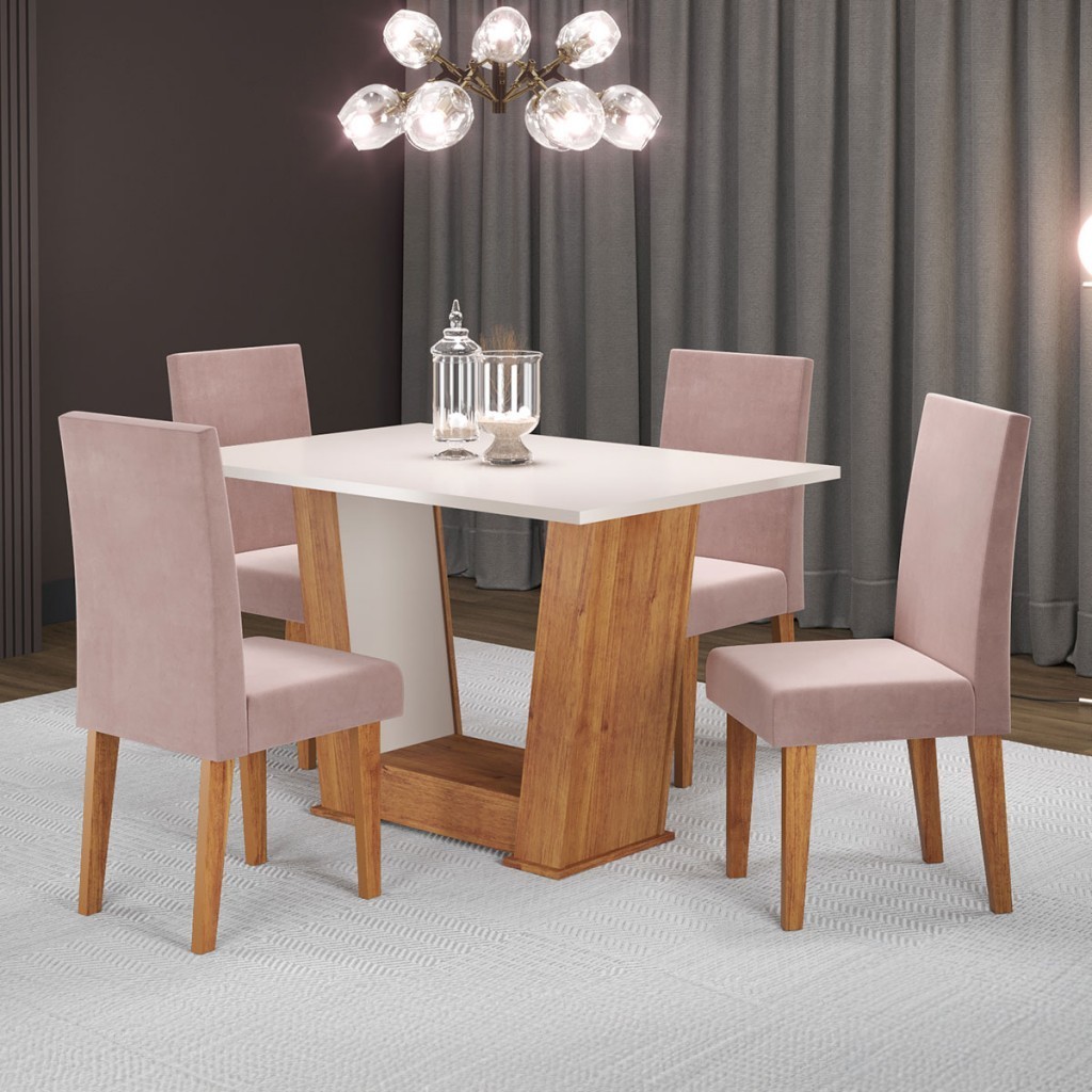 Mesa de Jantar 4 Lugares Floripa/Venus Mel/Blonde/Veludo/Rosa - Viero Móveis em Oferta na Shopee