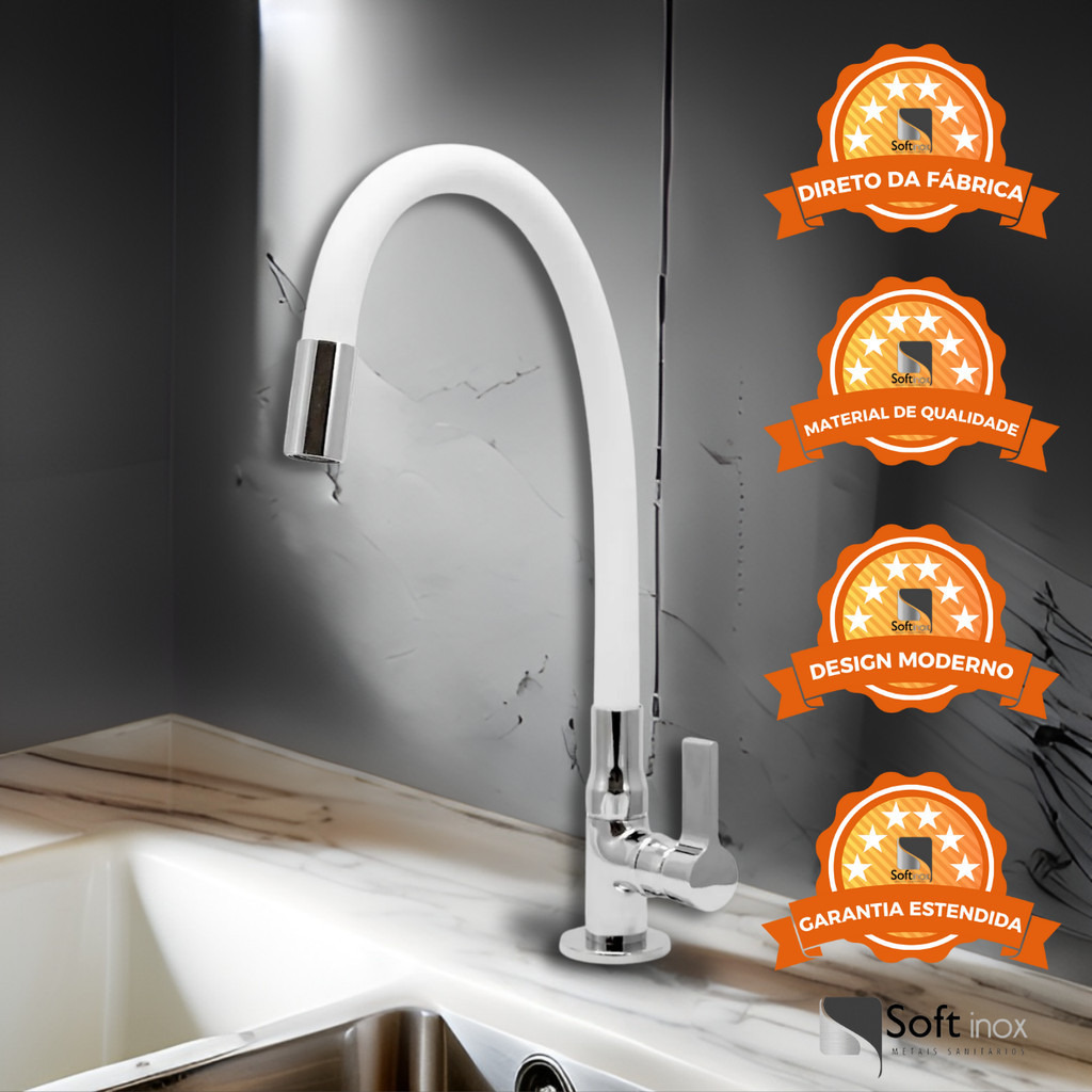 Torneira Gourmet Flexível Silicone Branco de Cozinha Bancada