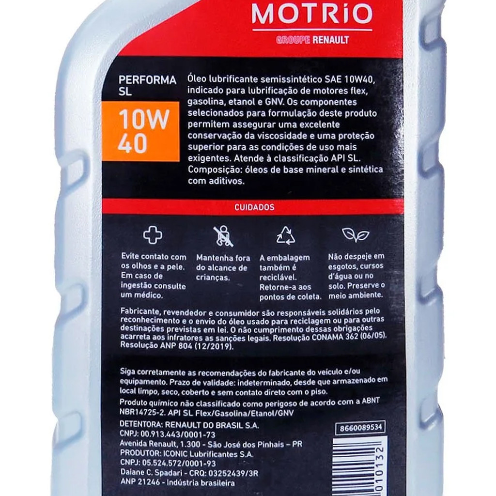 Oleo De Motor Lubrificante Renault Motrio 10W40 Api SL Semissintético 1 Litro — imagem 2 de 2