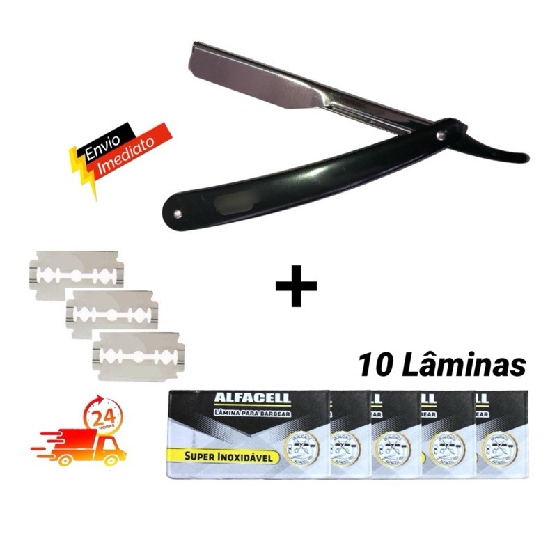 Kit Navalha Navalhete Profissional e ou Lâminas Aço Inox Acabamento Barba Sobrancelha Rosto