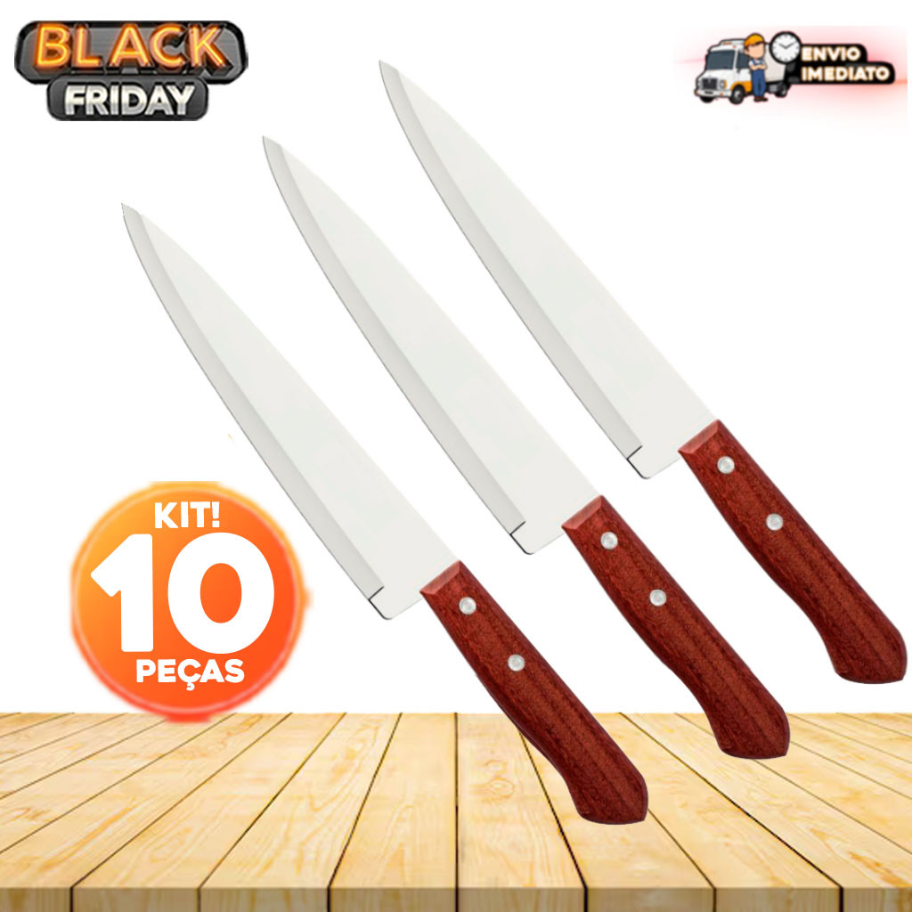Kit com 10 Facas de Cozinha Linha Madeira - Elegância e Qualidade para sua Cozinha