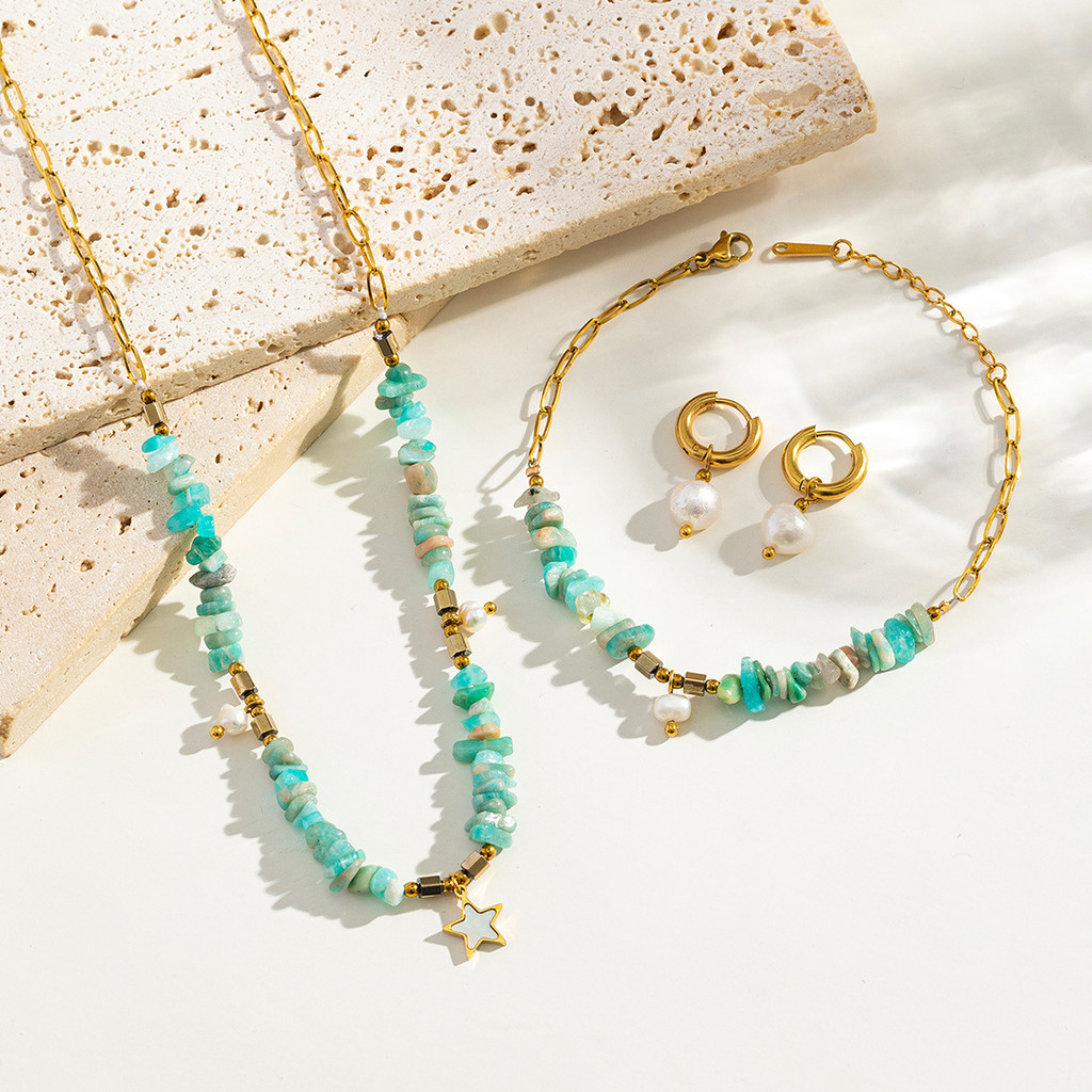 Conjunto de colares femininos em aço inoxidável, colar de pedra natural, colar de pérolas, estilo boêmio