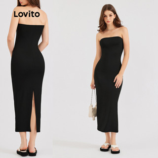 (Em Estoque) Lovito Vestido Casual Liso Dividido Bodycon De Ombro Frio L30ED009 (Preto) em Oferta na Shopee