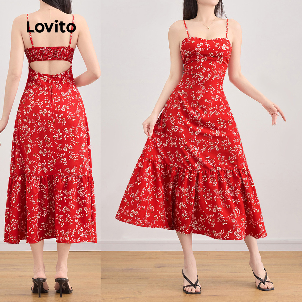 Lovito Vestido elegante com frente dividida floral Ditsy para mulheres L121MD256 - Women Clothes