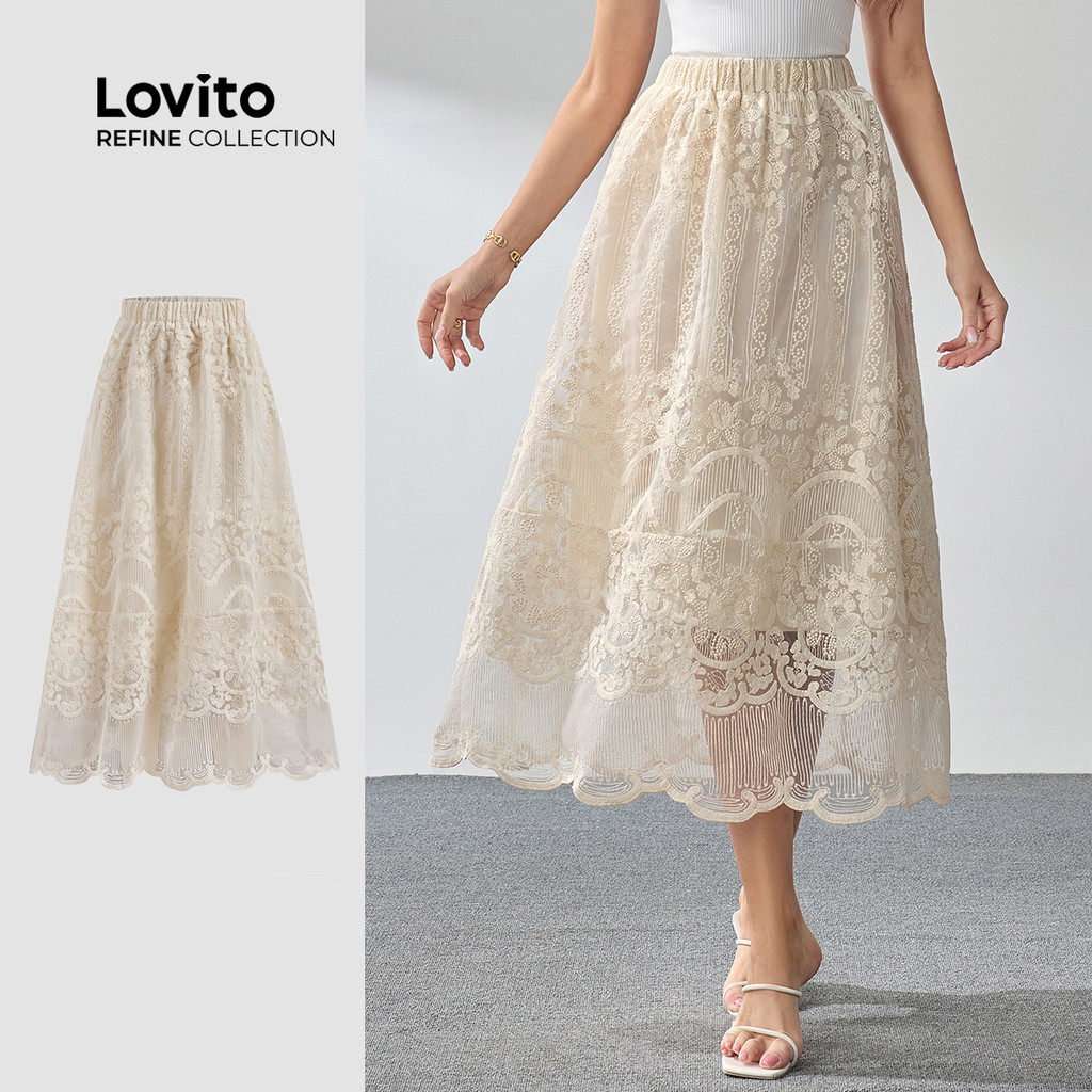 (Lovito Refine) Saia de renda lisa casual para mulheres LR2LD045 - Women Clothes