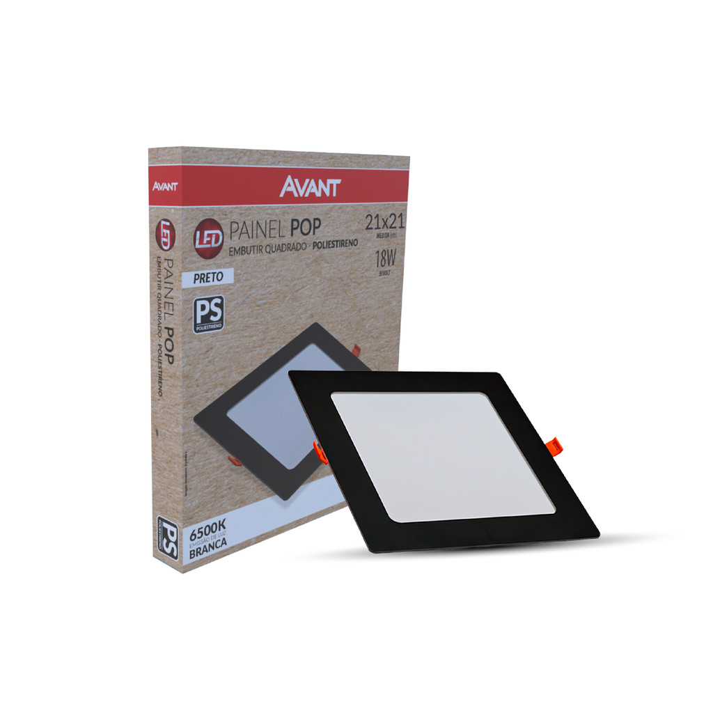 Painel led Plafon Pop Embutir 18w 6500k Branco Frio 22cm 110v/220v Bivolt Ip20 Quadrado Preto Cod:903051370 Avant em Oferta na Shopee