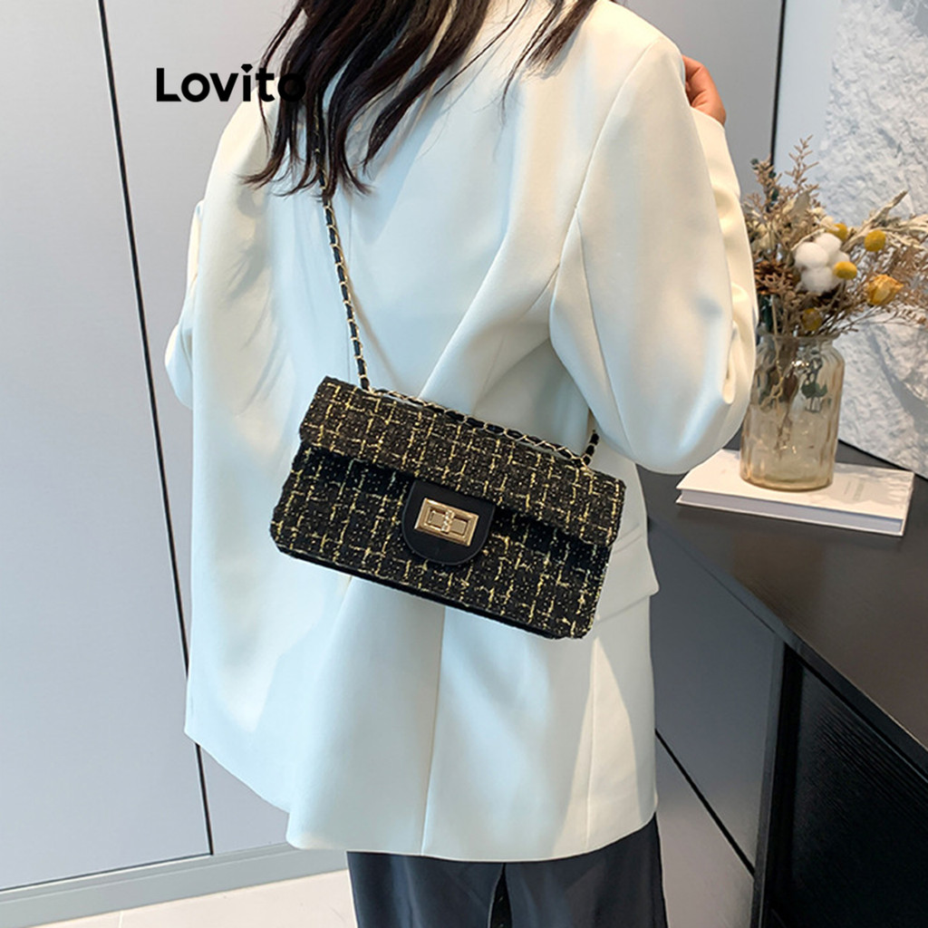 Lovito Elegante bolsa de ombro pequena xadrez preta e branca de lã guingão Xiao Xiangfeng para mulheres  LFA62579