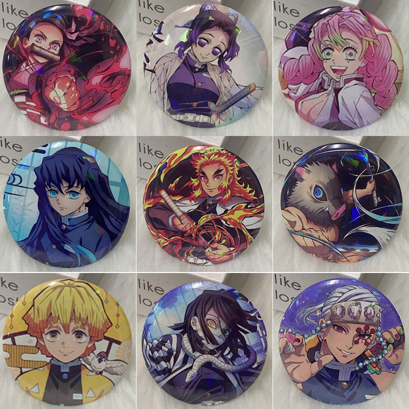58mm Broches Demon Slayer Holográfico/Nezuko/Shinobu/Mitsuri/Tokito/Inosuke/Zenitsu/bottons/Crachás/Crachas/goods/anime em Oferta na Shopee