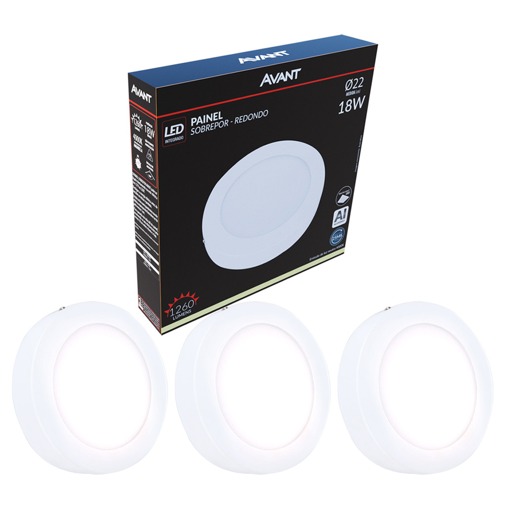 Kit 3 Painel Led Plafon Aluminio Sobrepor 18w 4000k Branco Neutro 22cm 110v/220v Bivolt Redondo Cod:767100870-3 Avant em Oferta na Shopee