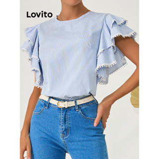 Lovito Elegante Blusa Feminina Listrada com Camada Dupla e Fita de Contraste LBL09069