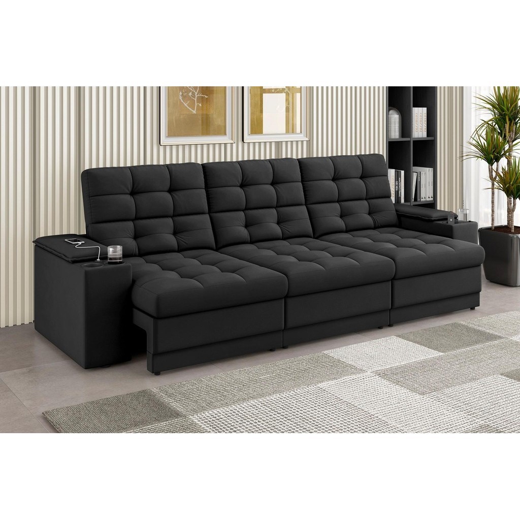 Sofá Confort Premium 2,30m Assento Retrátil/Reclinável porta copos e USB Suede Preto - XFlex Sofas
